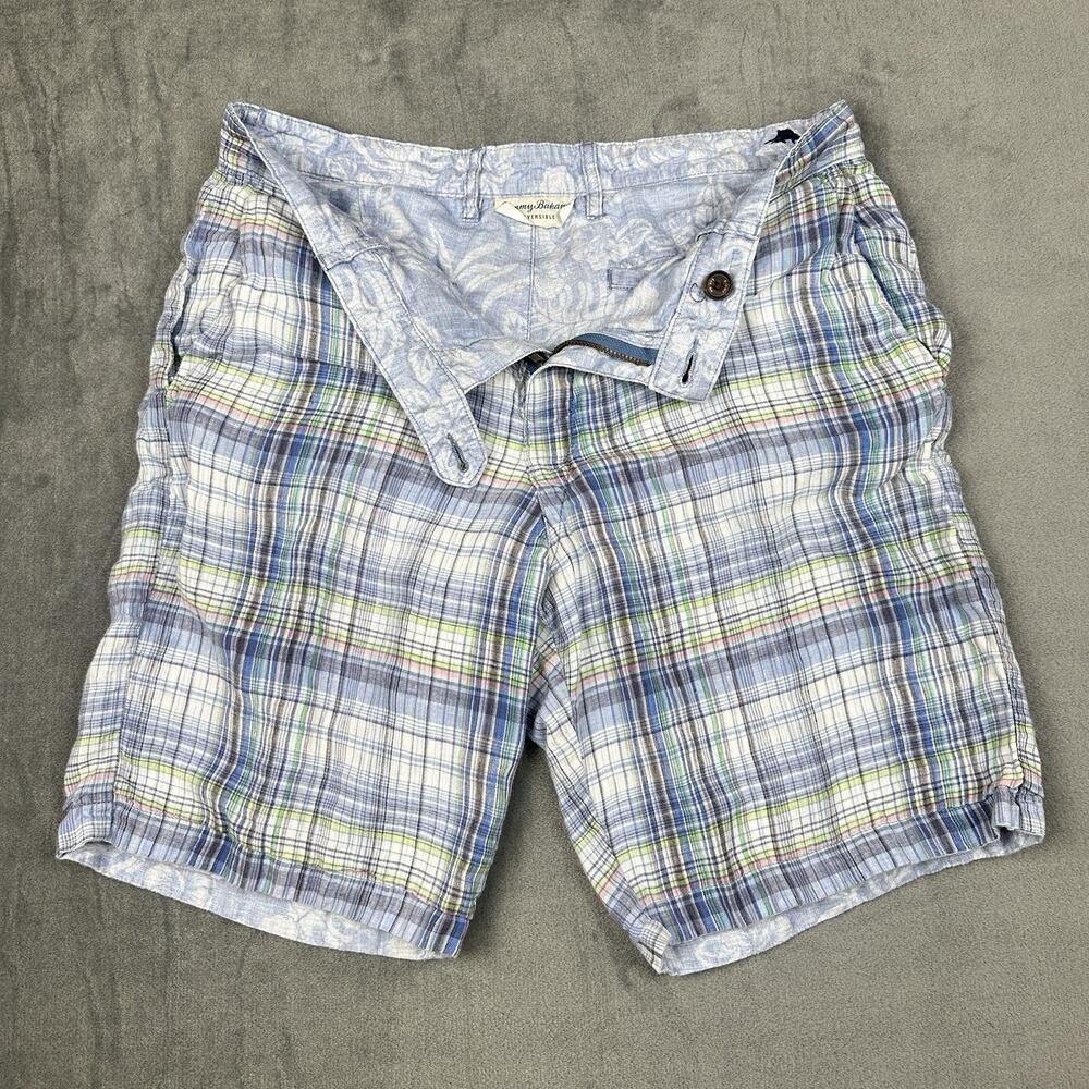 Tommy Bahama Reversible Lenin Shorts Mens 34 Plaid Summer Floral 9.5' Preppy